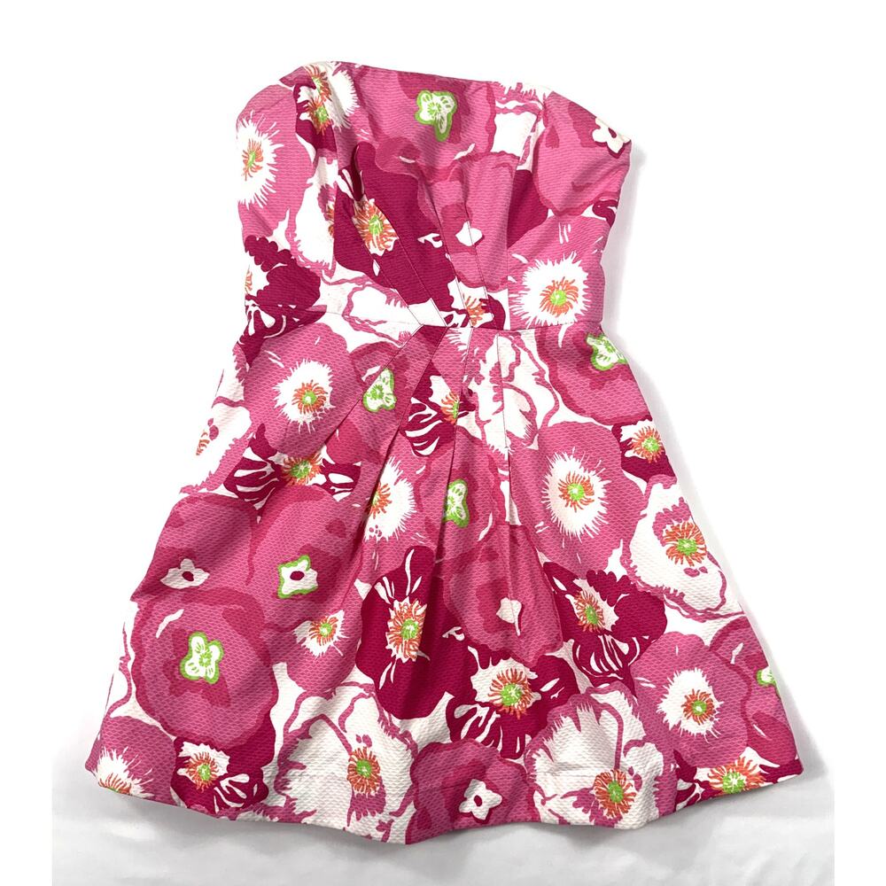 Lilly Pulitzer hotty pink cherry bloom begonias strapless pleated dress Sz 4 - Picture 2 of 16